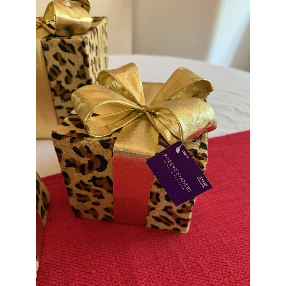 Robert Stanley Home Collection 4pc Leopard Print under tree Boxes w/ Gold Bows